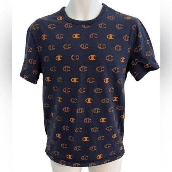 Champion Navy Blue Short Sleeve T-shirt with orange all over logo. Size Small - Picture 1 of 7